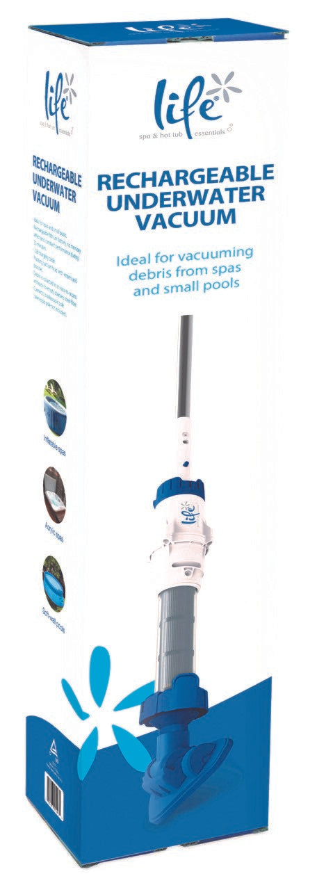 Rechargeable vacuum, ideal for vacuuming debris from spas and hot tubs. Cordless and portable with a pivoting suction head with wheels and brushes. Standard rechargeable lithium battery with LED charging light.